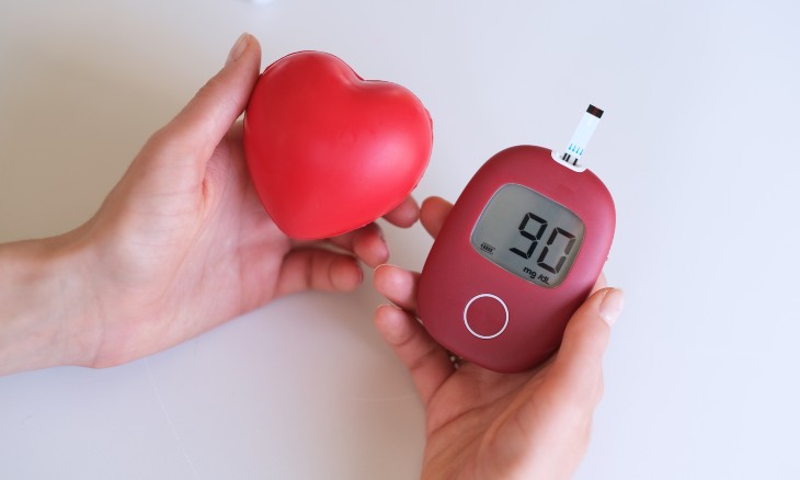 person holding a foam heart in left hand and blood sugar monitor in right hand