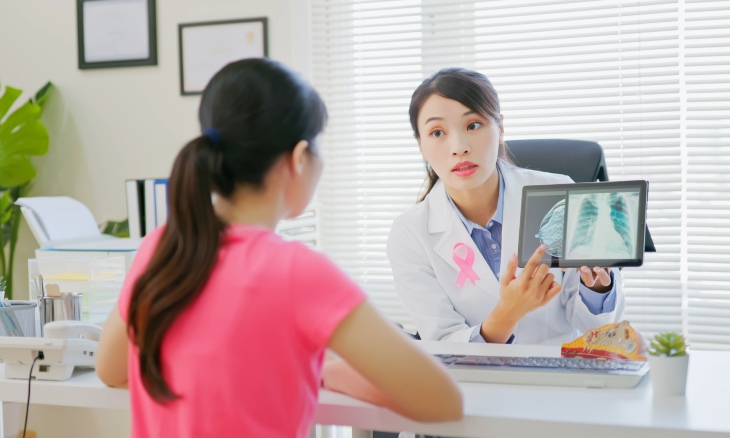 A doctor speaks to her patients about a mammogram.