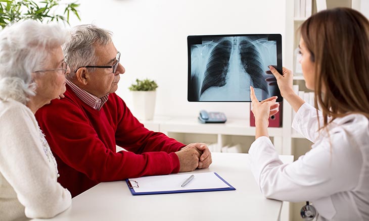 A doctor reviews lung x-ray with patients