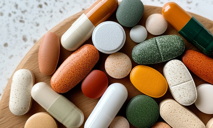 Variety of pills and capsules.