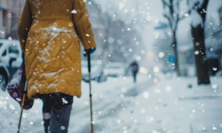 Woman walking cautiously through the snowy streets.