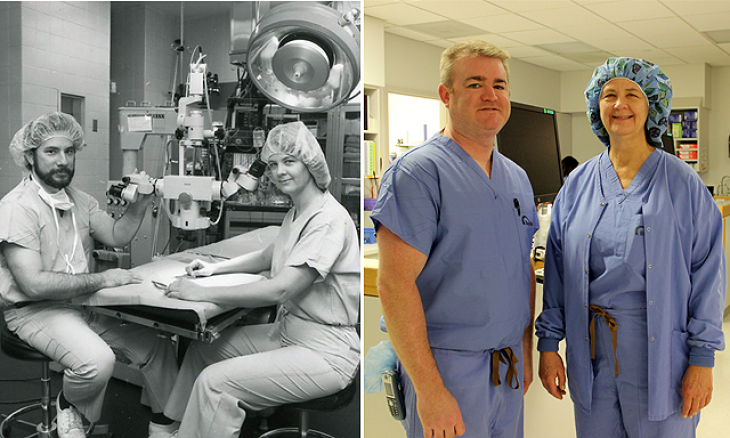 Side-by-side images of old MMH operating room and current operating room