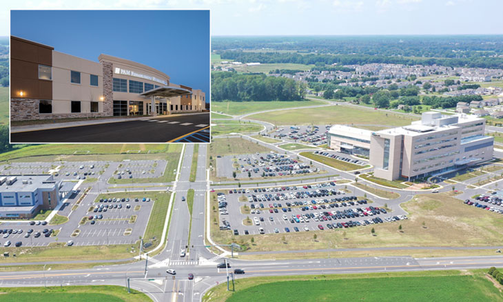 Aerial view of Bayhealth Sussex Campus and inset of front of PAM Health Dover building