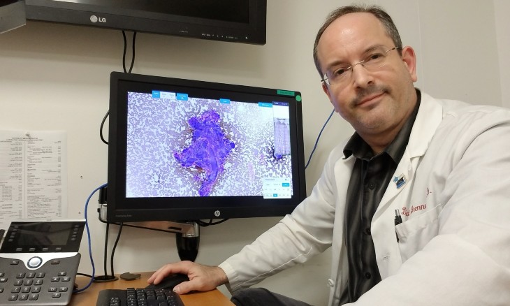 Bayhealth Medical Laboratory Director Dr. David Brenner sits at a computer workstation where he views telepathology slides remotely. 