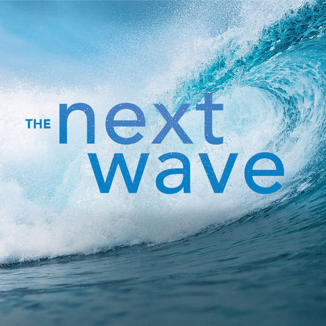 Crashing wave with The Next Wave logo overlayed 