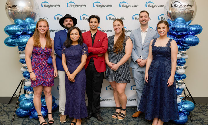 The first graduates of the Bayhealth Family Medicine Residency Program include (left to right) Samantha Ginder, DO; H. Kendall Barton, MD; Tahseen Chowdhury, MD; Sameer Valluri, MD; Paulina McCabe, DO; Eric Moseley, MD; and Melissa Eppinger, MD. Drs. Barton and McCabe are staying in Delaware and have joined Bayhealth practices where they will continue to provide care for our local community.  The first graduates of the Bayhealth Family Medicine Residency Program include (left to right) Samantha Ginder, DO; H. Kendall Barton, MD; Tahseen Chowdhury, MD; Sameer Valluri, MD; Paulina McCabe, DO; Eric Moseley, MD; and Melissa Eppinger, MD. Drs. Barton and McCabe are staying in Delaware and have joined Bayhealth practices where they will continue to provide care for our local community.